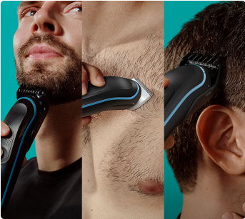 Hombre recortando el vello de su barba pecho y cabello