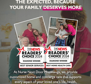 Senior home care nurse in pink shirt helping senior with a cane