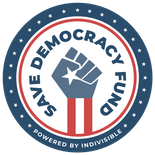 Save Democracy Fund in a red, white, and blue circle with a fist raised in power. At the bottom of the circle, words, "Powered by Indivisible."
