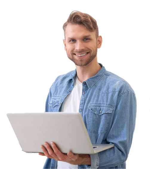 Decorative image of a young -adult male, happily working on a laptop.