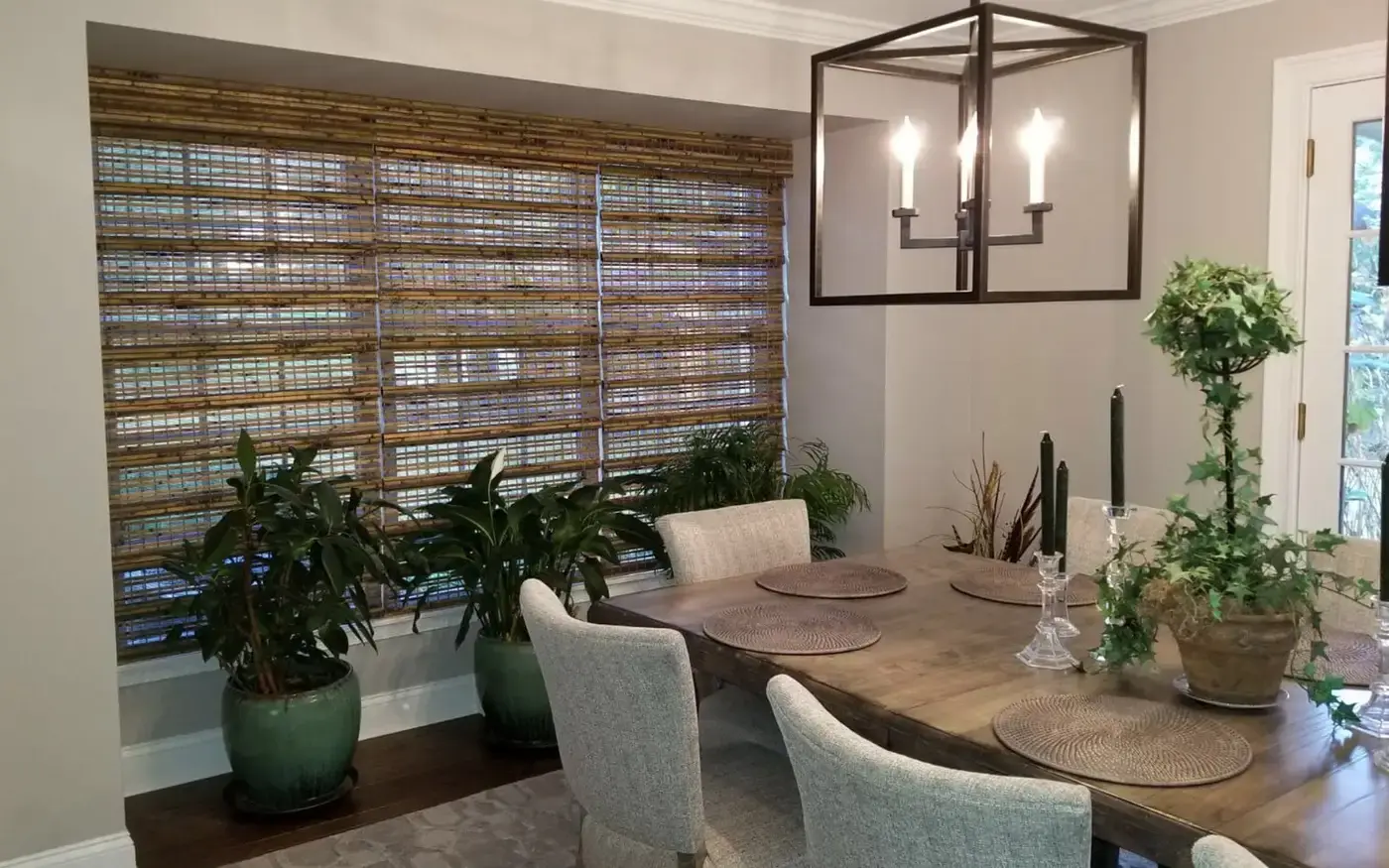 Woven wood shades in a dining room