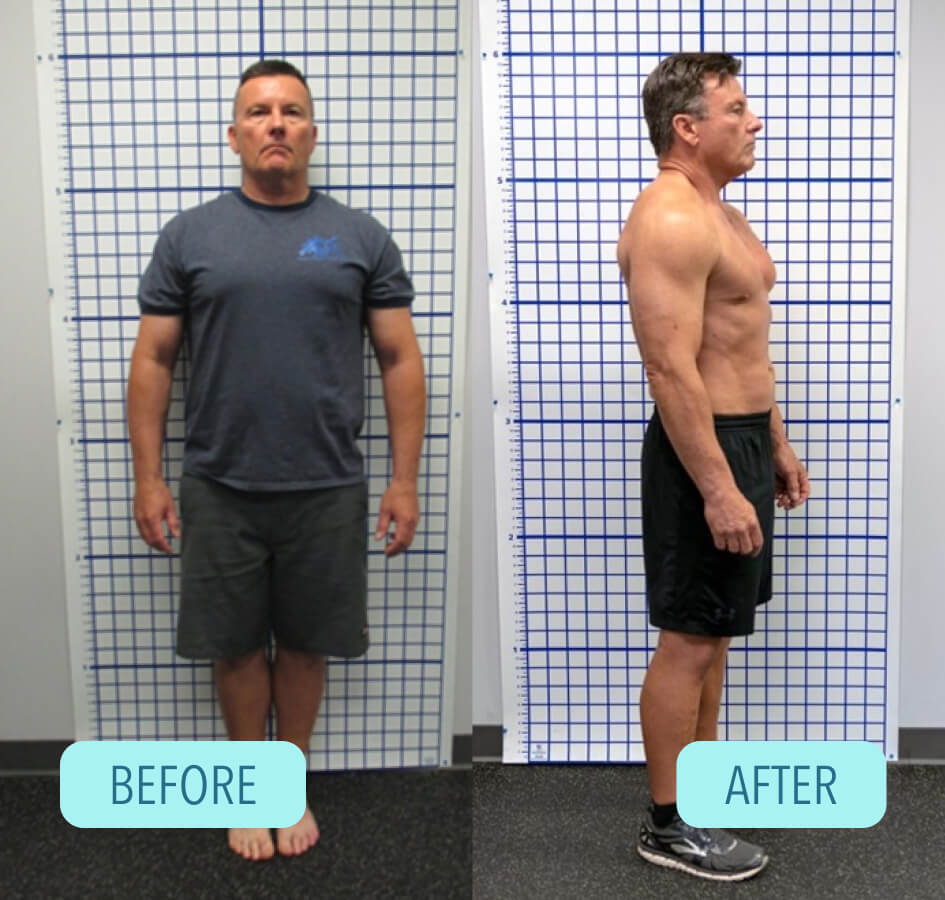 Before and After shots of Roger Runyon's progress with Cenegenics