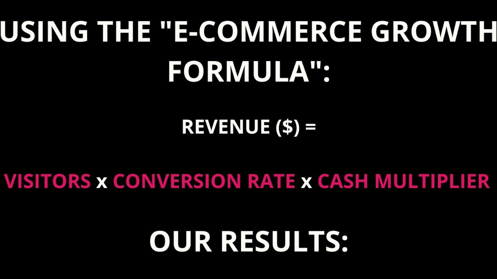 E-Commerce Growth Formula:
Revenue = Visitors X Conversion Rate X Cash Multiplier