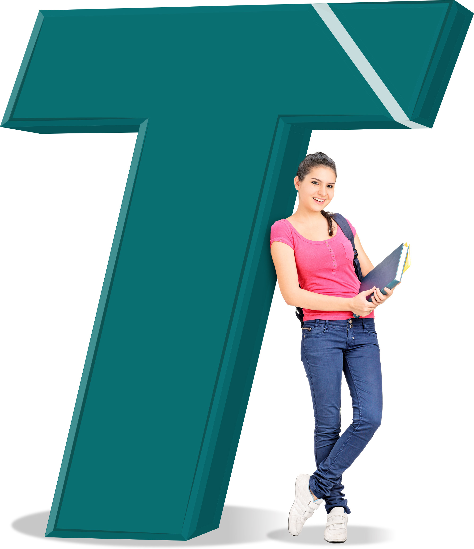 Female student holding books standing next to a large teal T
