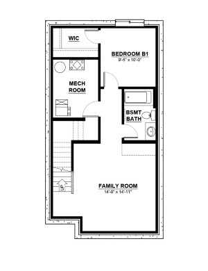 Black line floorplan showing optional configuration for a basement development, including a bedroom, adjoining walk-in closet, bathroom, family room and mechanical room.