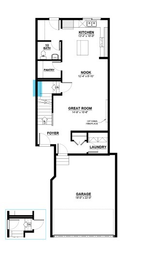 Black line floorplan showing main floor with optional side entry off the main staircase, including front attached garage, foyer, great room, nook, laundry room, pantry, kitchen and half bath.