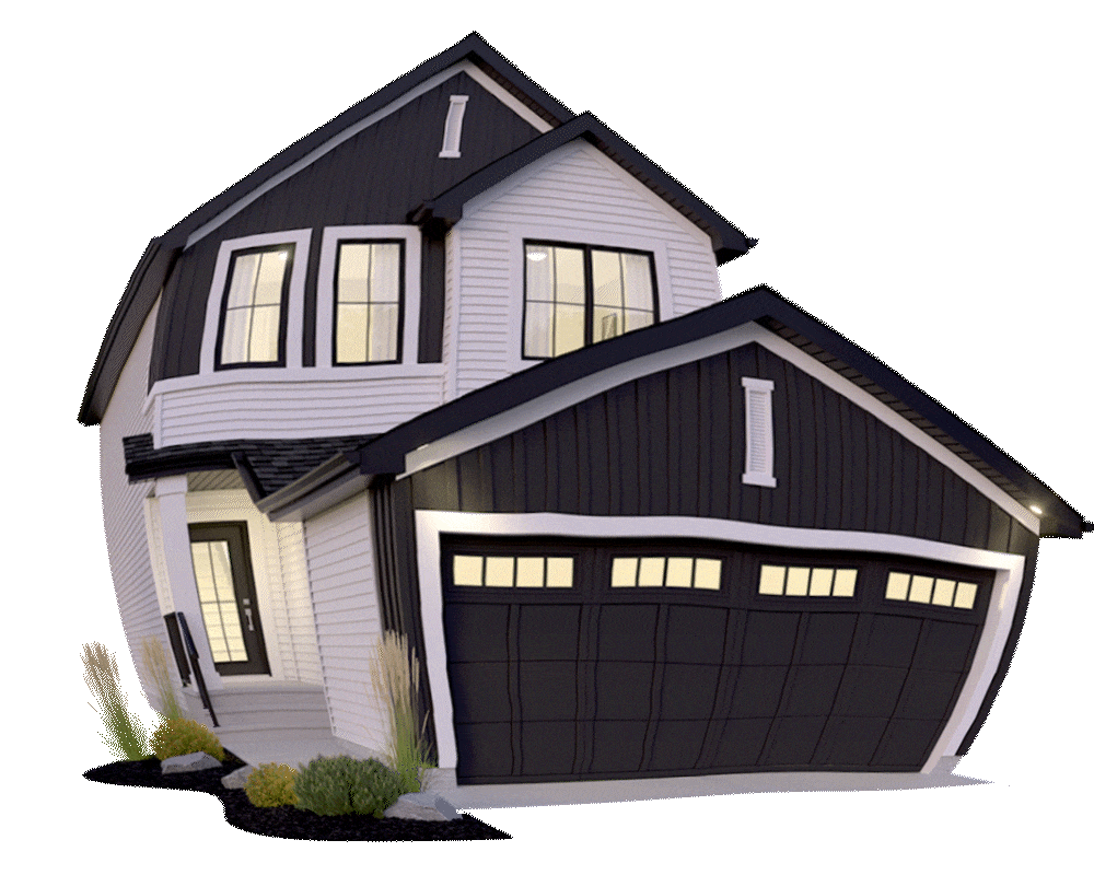 Animation of dramatized inflated front garage home deflating to a normal state