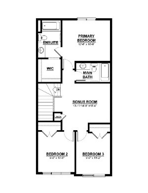 Black line floorplan showing second floor with primary bedroom, ensuite bathroom, walk-in closet, main bathroom, bonus room and 2 bedrooms side by side.