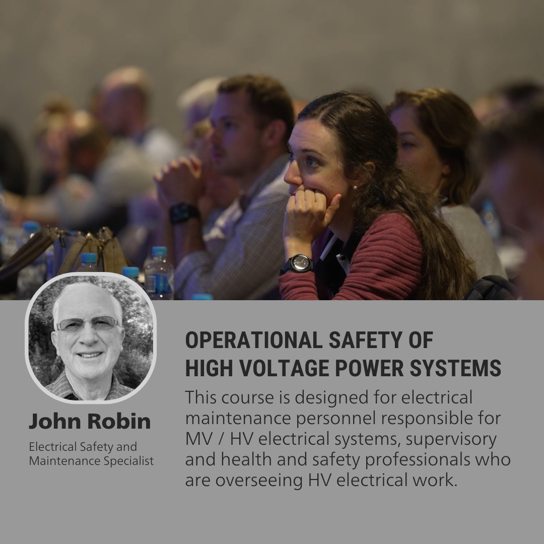 A group of people attending an Electrical Safety workshop. The facilitator, John Robin's photo with the words, Operational Safety of High Voltage Power Systems.