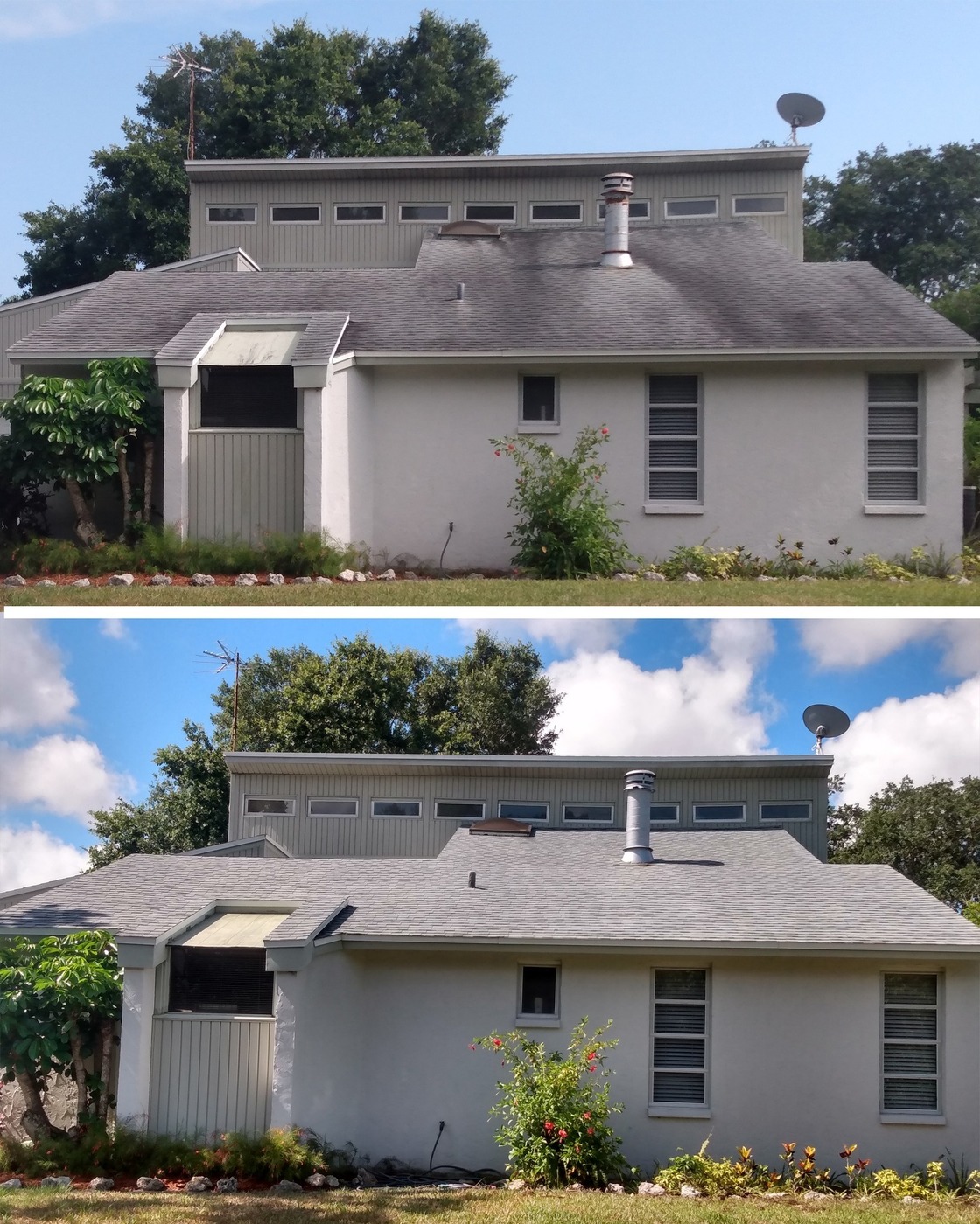 Before and after comparison of a home's roof after rejuvenation