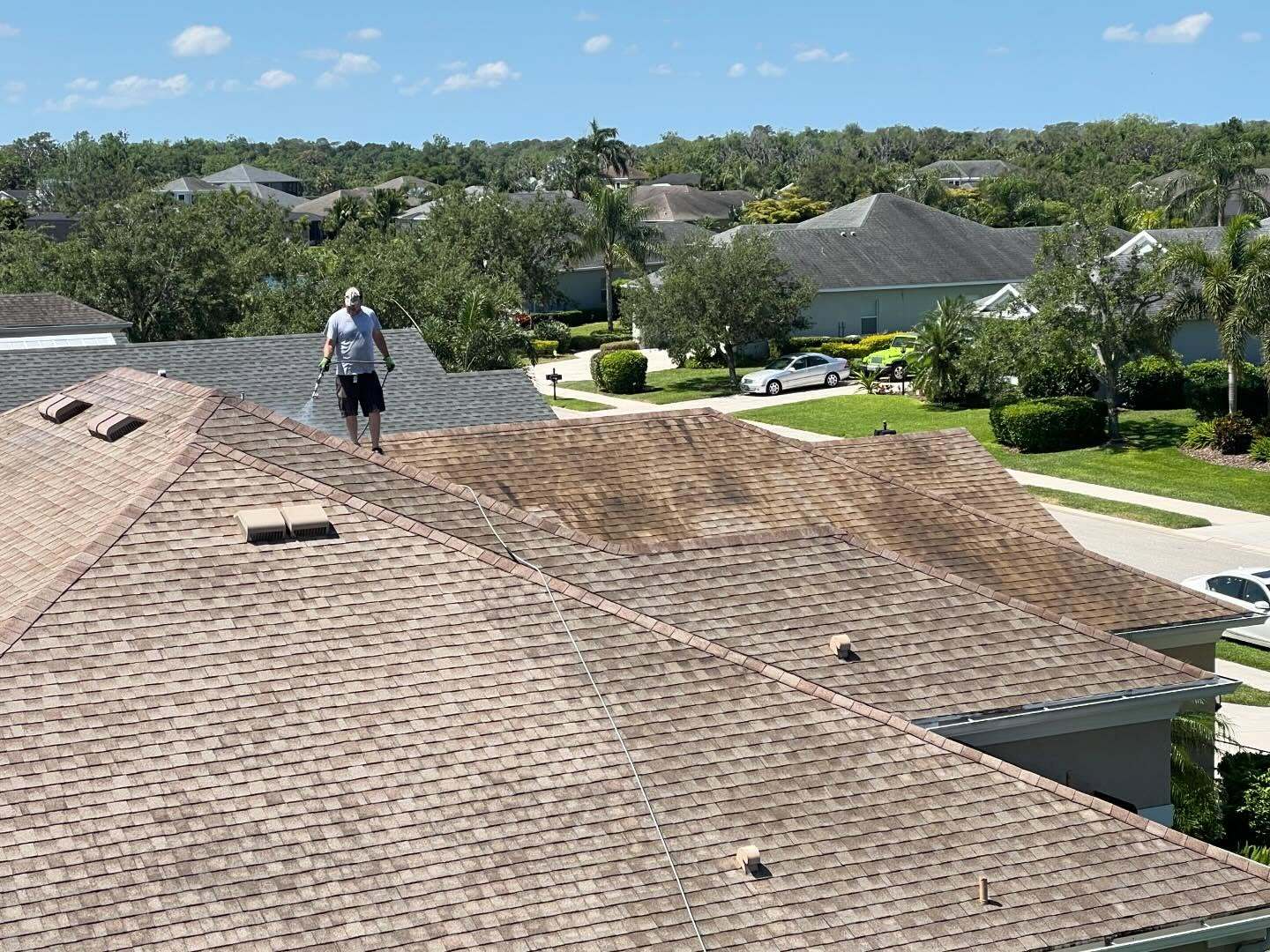 Aerial view of a roof rejuvenation project in Southwest Florida