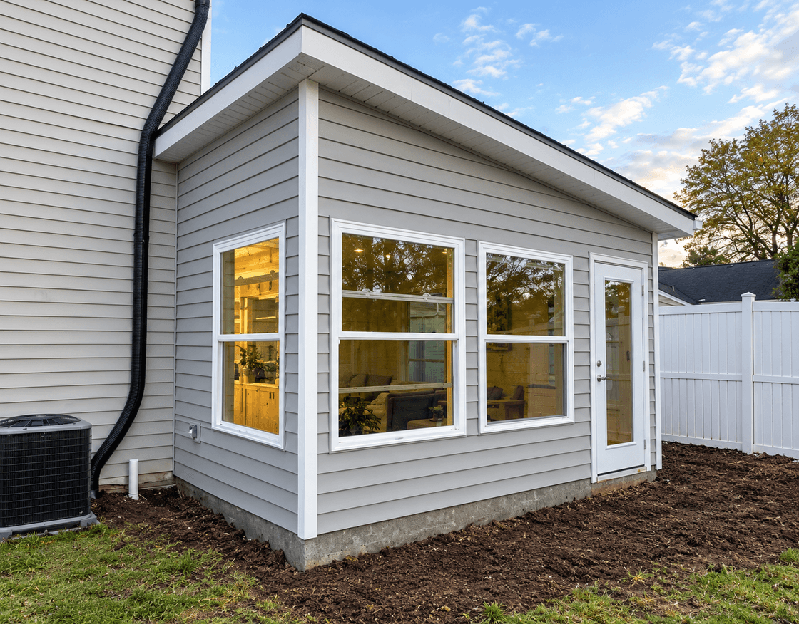 After: finished modern gray-sided home addition