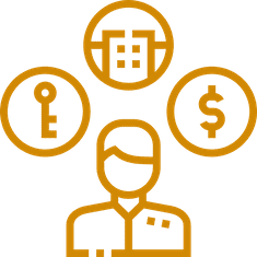 Man with icons depicting real estate investments.