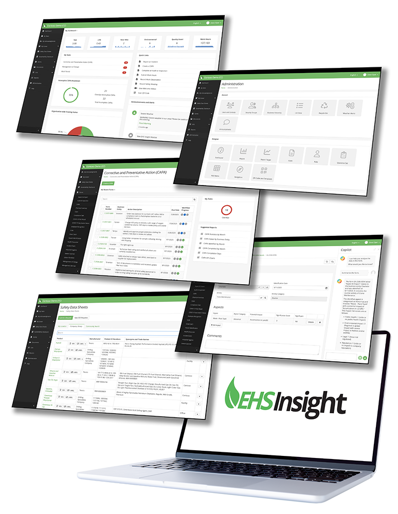 EHS Insight platform on a laptop showing safety dashboards, corrective action tracking, and compliance tasks