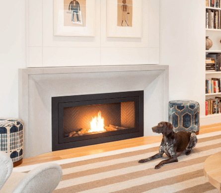 HearthCabinet linear ventless fireplace in minimalist living room