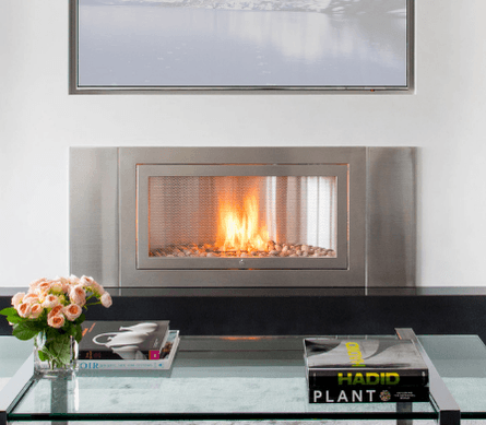 HearthCabinet ventless fireplace in stainless steel used to demonstrate the range of styles and finishes available