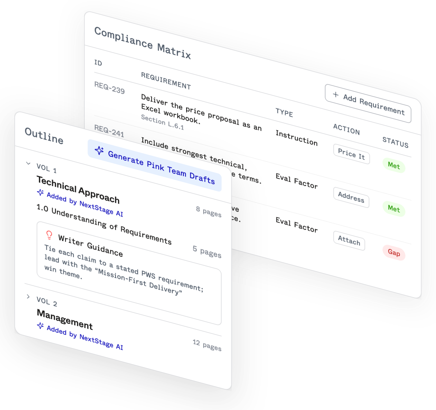 AI compliance matrix and proposal outline with Pink Team drafts