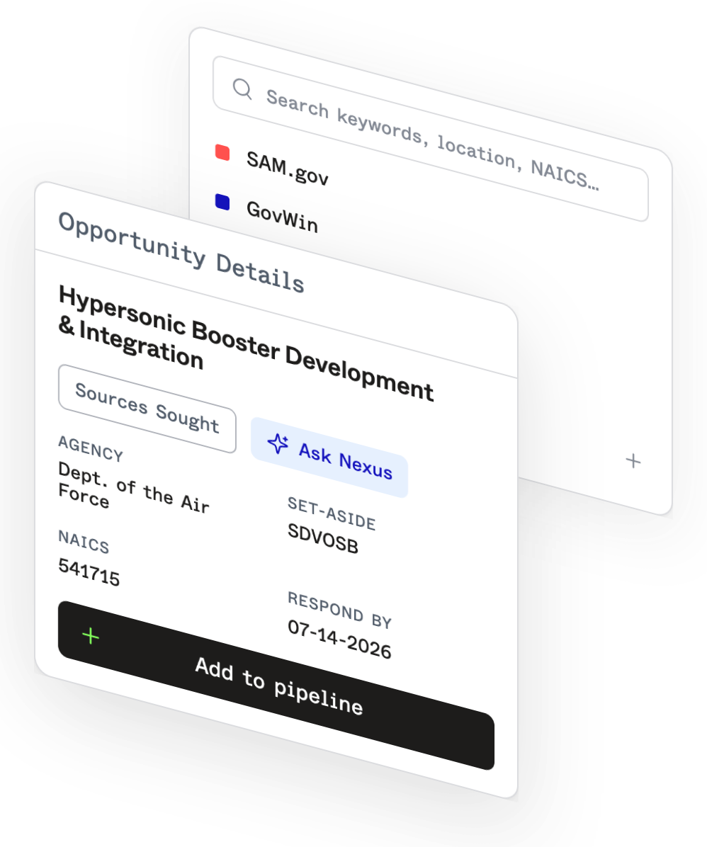 Opportunity details and keyword search across SAM.gov, GovWin, USAspending.gov and eBuy