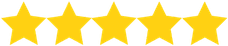 Five yellow stars in a row on a transparent background.
