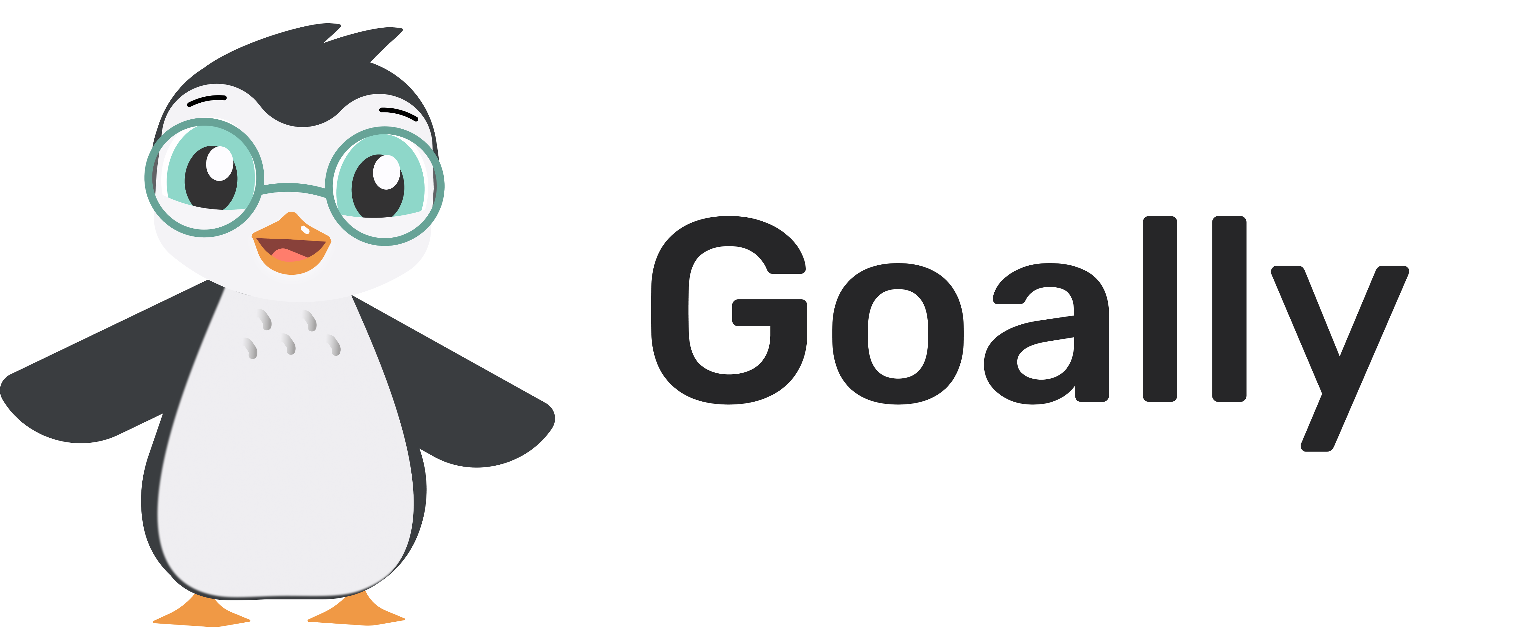 Goally logo. On the left is a cartoon penguin with glasses and blue eyes smiling. To the right is the company name "Goally" in black letters