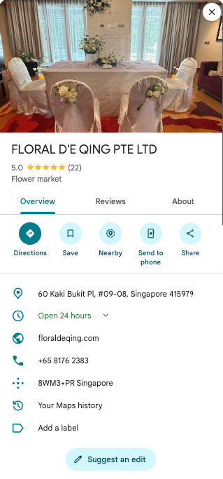 Floral D'e Qing Google Business Profile 5.0 Rating 22 Reviews