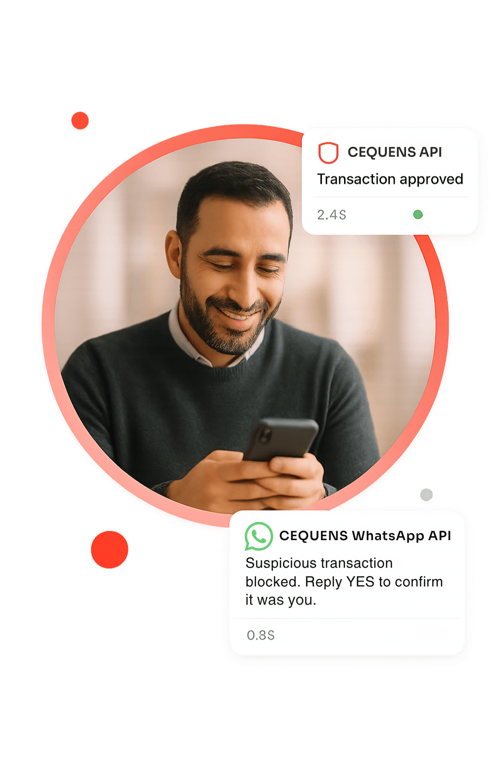 CEQUENS in action: secure high-value transaction approval across SMS, WhatsApp, and Voice APIs for MENA banks and fintechs.