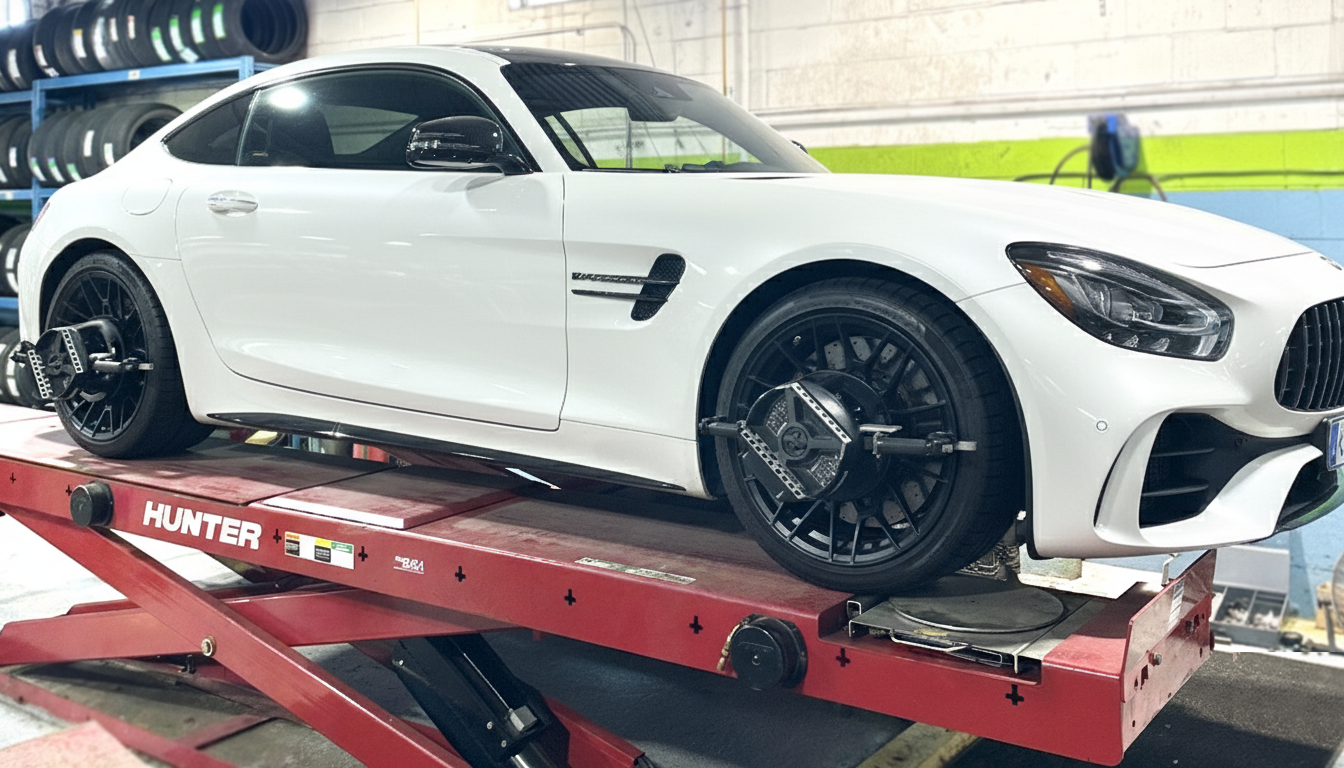 Mercedes-AMG GT on the alignment lift at Green Tires in Scarborough