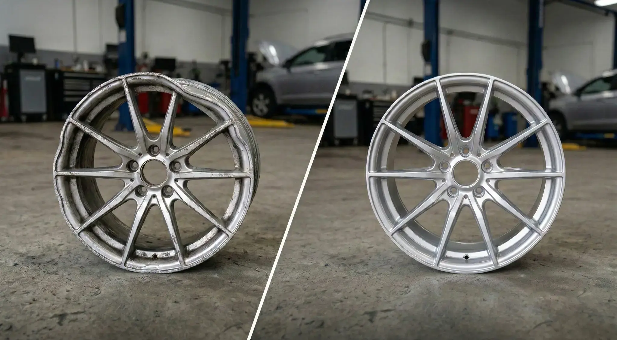 Illustrative comparison of a damaged silver rim and an undamaged-looking rim