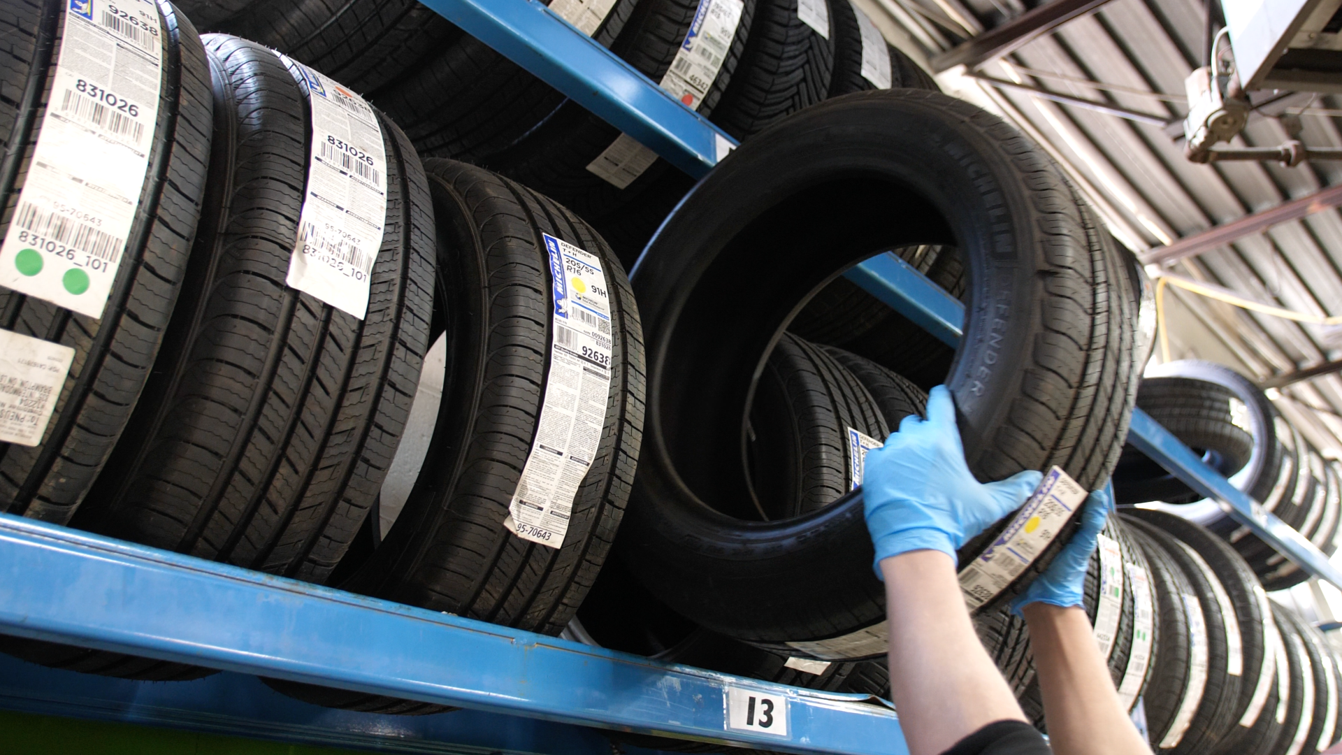 Tires organised on storage racks