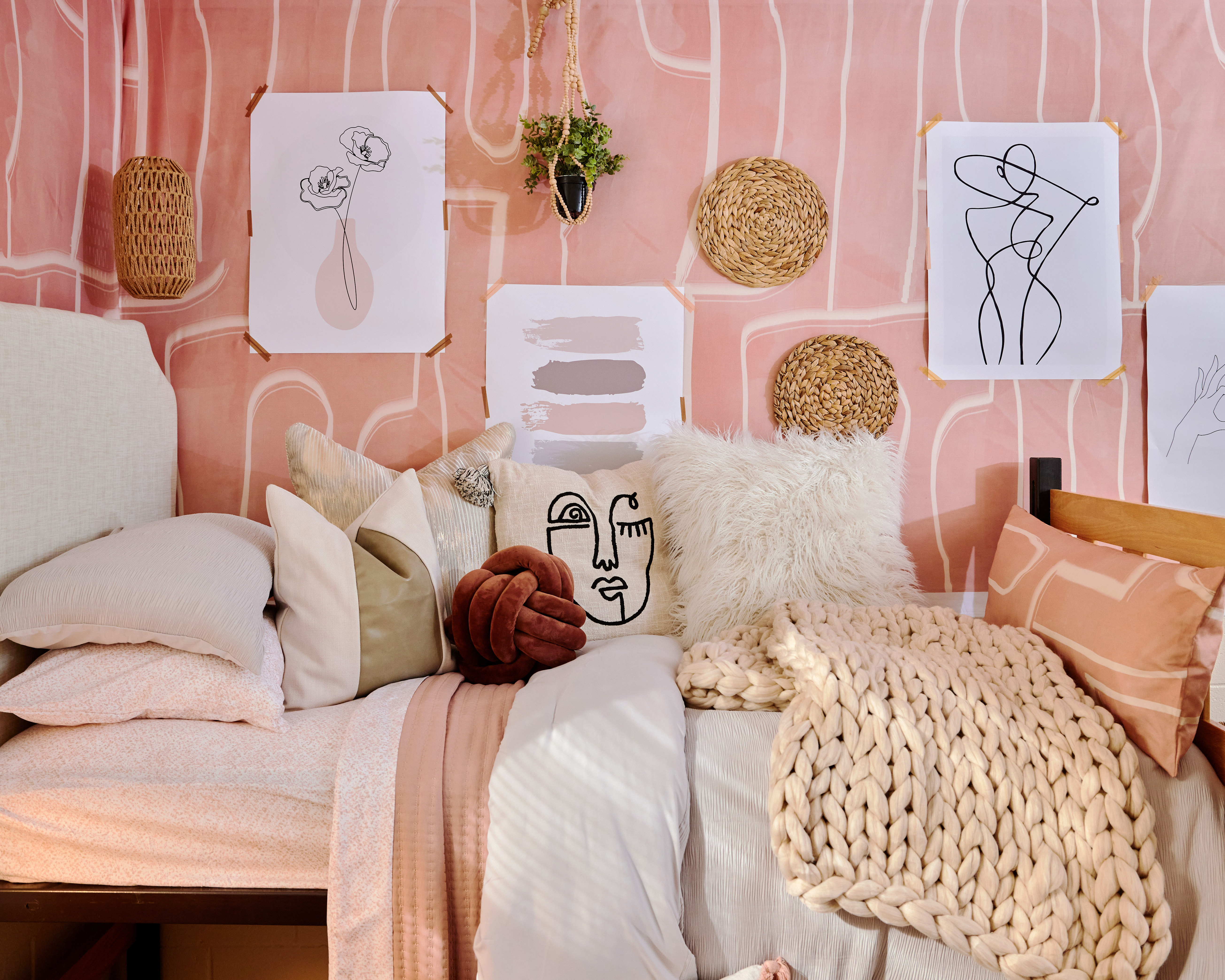 Pink teen room with Spoonflower bedding and wallpaper