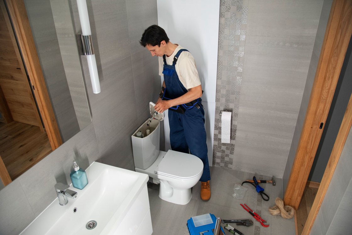 Male plumber repairing pipes under the sink