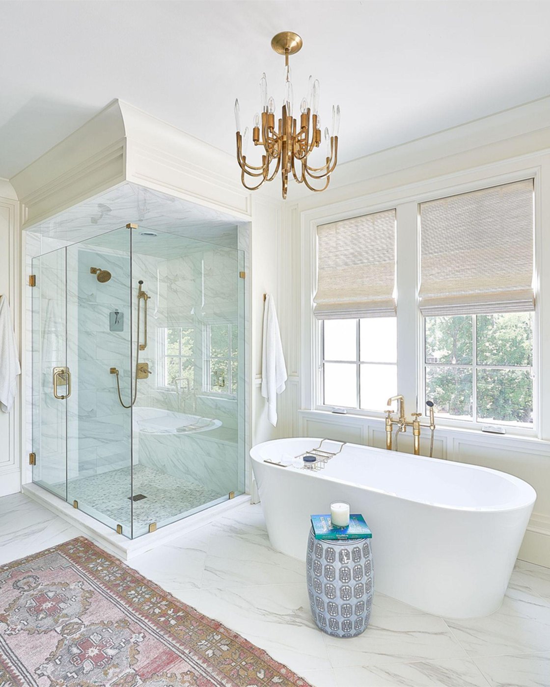 Walk in shower with grab bars and non slip flooring