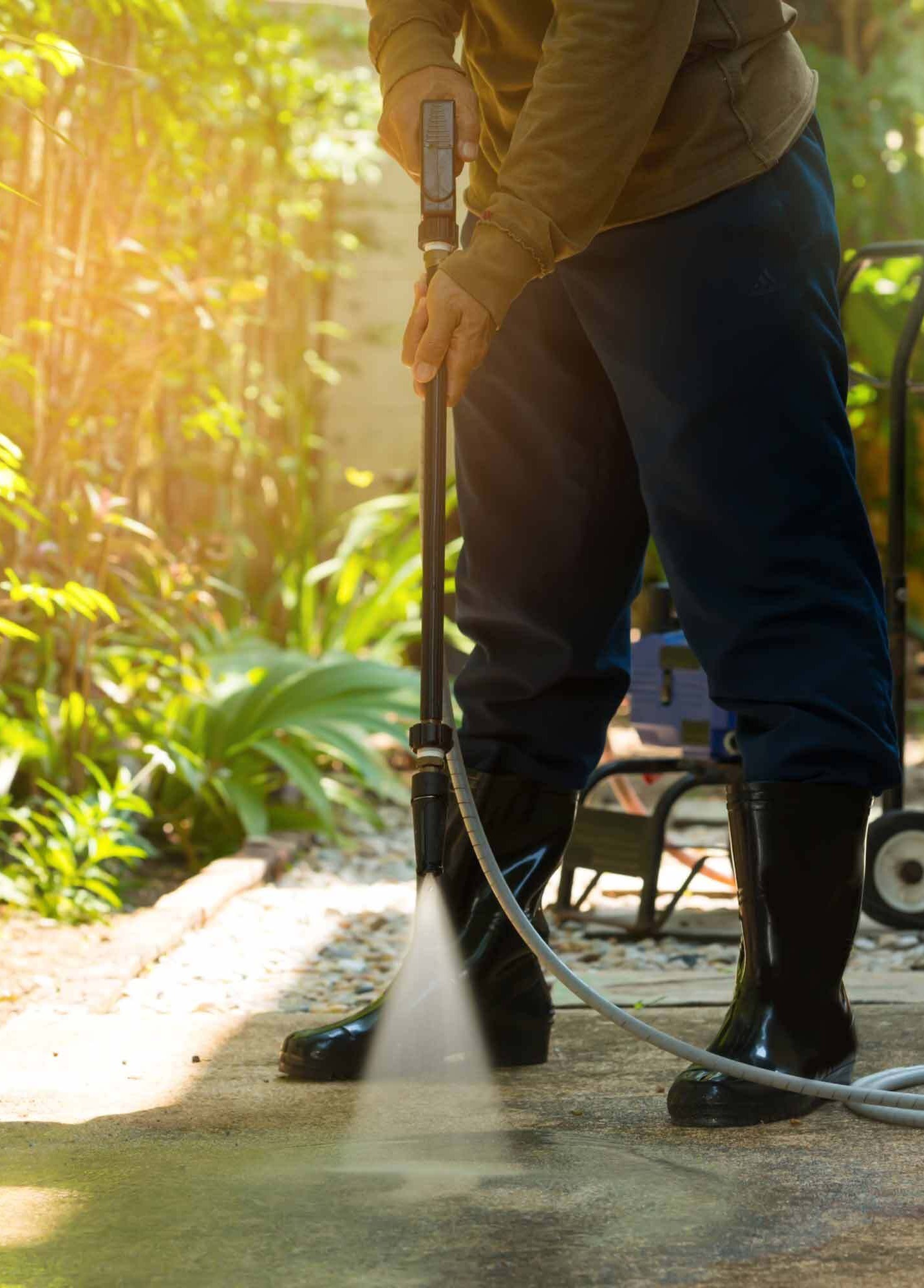 Person pressure washing driveway.