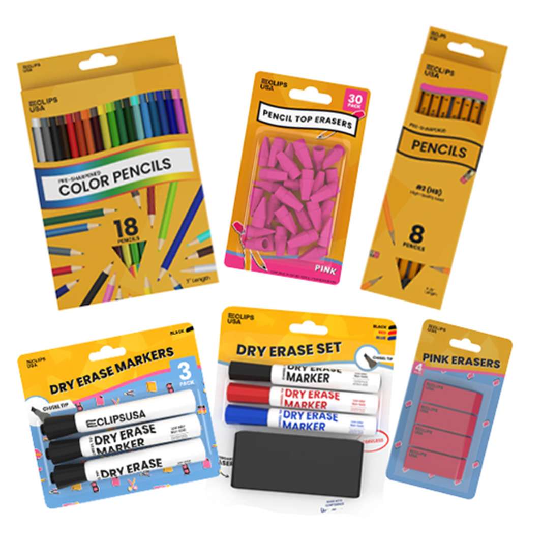 Pencils, Pens, Erasers, Pencil Sharpeners
