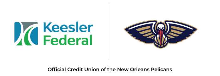 Keesler Federal logo and New Orleans Pelicans logo with text below reading "Official Credit Union of the New Orleans Pelicans"