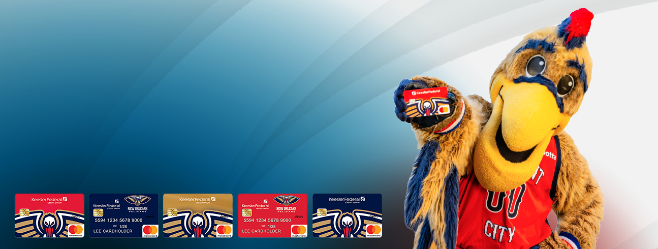 Banner with Keesler FCU Pelicans debit card with text to the right reading "25% off tickets and merchandise"