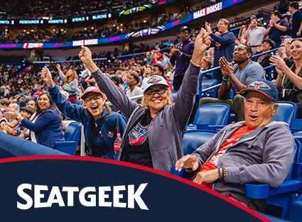 New Orleans Pelican fans cheering in the stands with SeatGeek logo on the bottom left