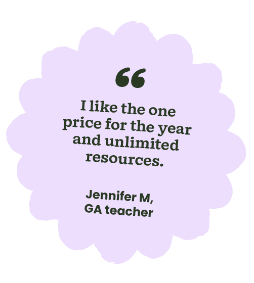 "I like the one price for the year and unlimited resources" Jennifer M., GA Teacher