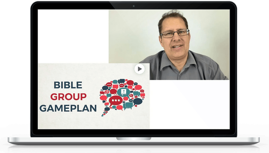 The Bible Group Gameplan course playing on a laptop