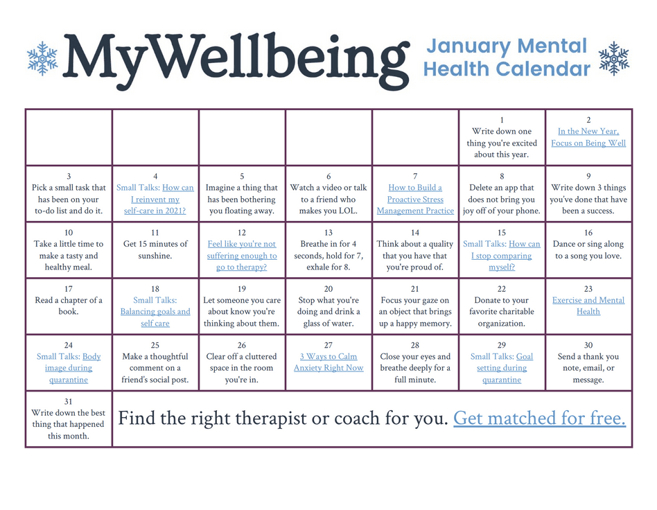 Mental Health Calendars - MyWellbeing