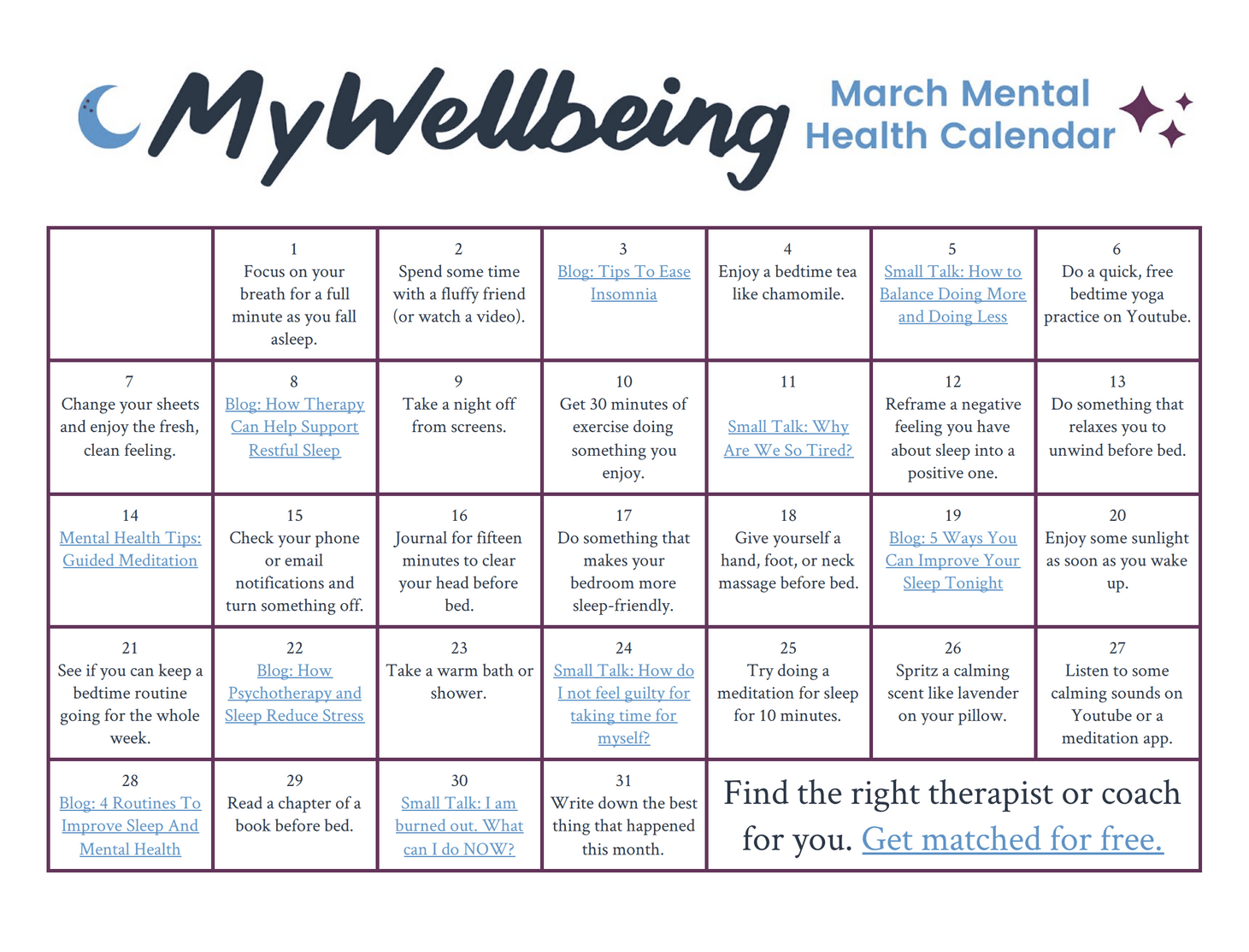 Mental Health Calendars MyWellbeing