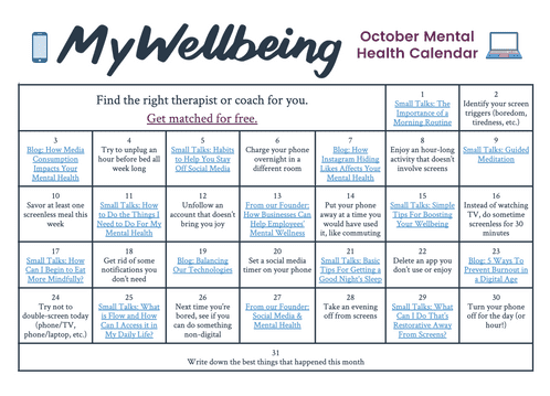 Mental Health Calendars - MyWellbeing