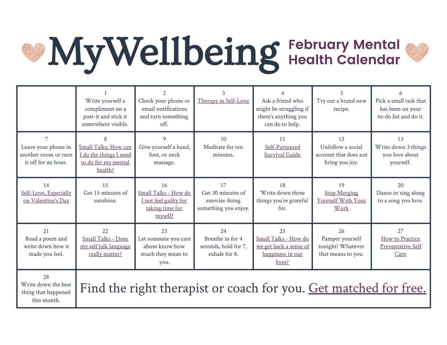 Mental Health Calendars MyWellbeing