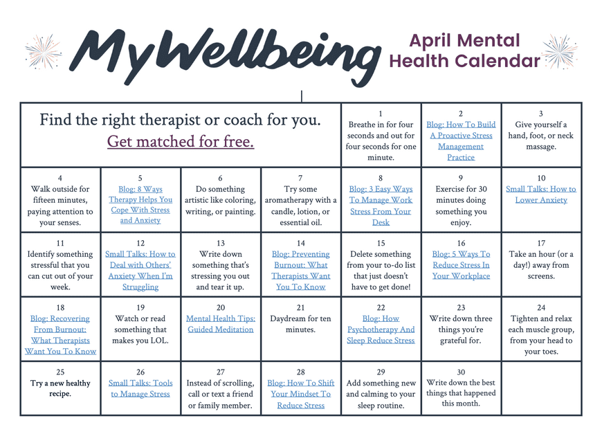 Mental Health Calendars MyWellbeing