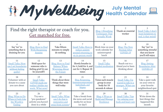 Mental Health Calendars - MyWellbeing