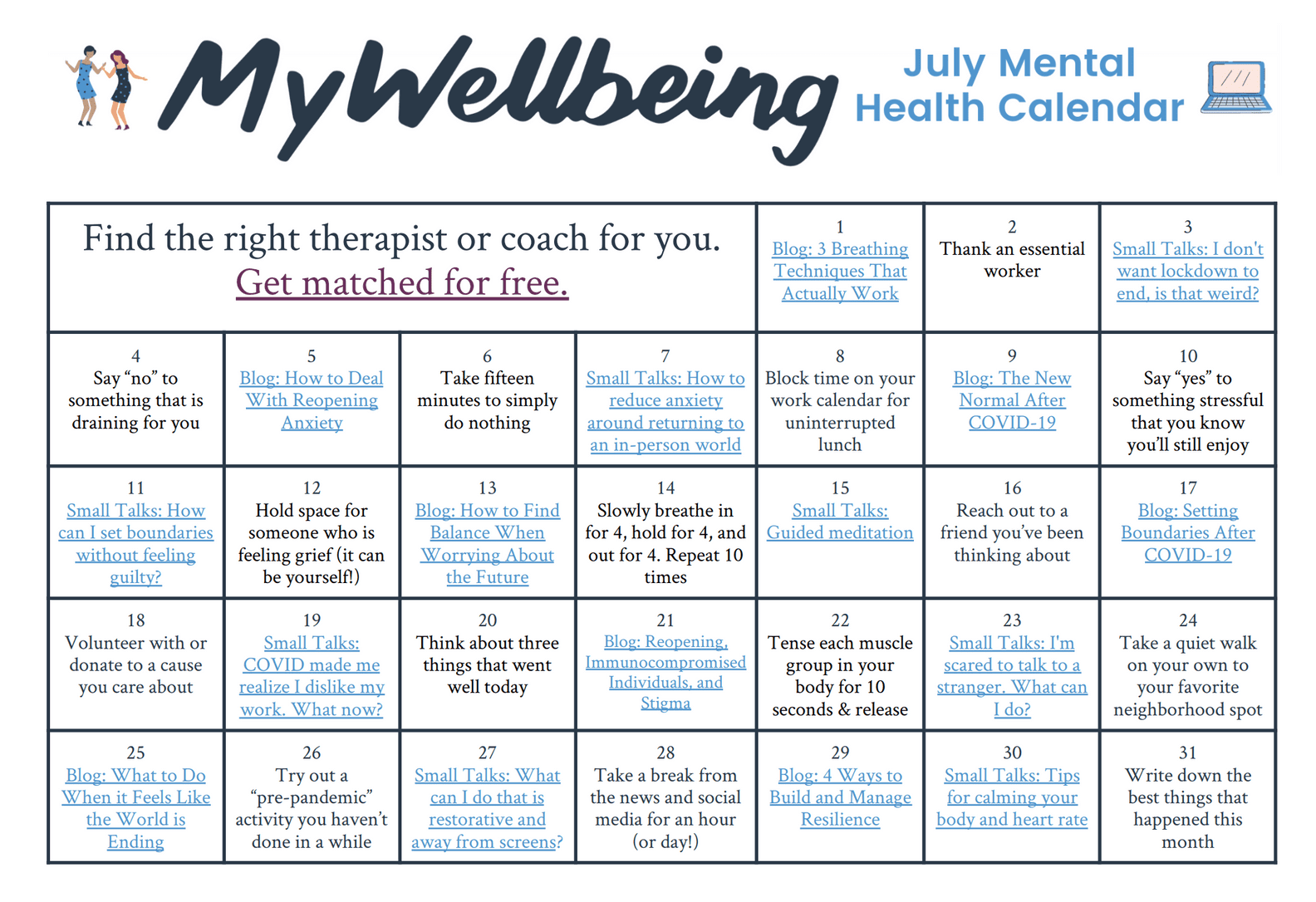 Mental Health Calendars MyWellbeing