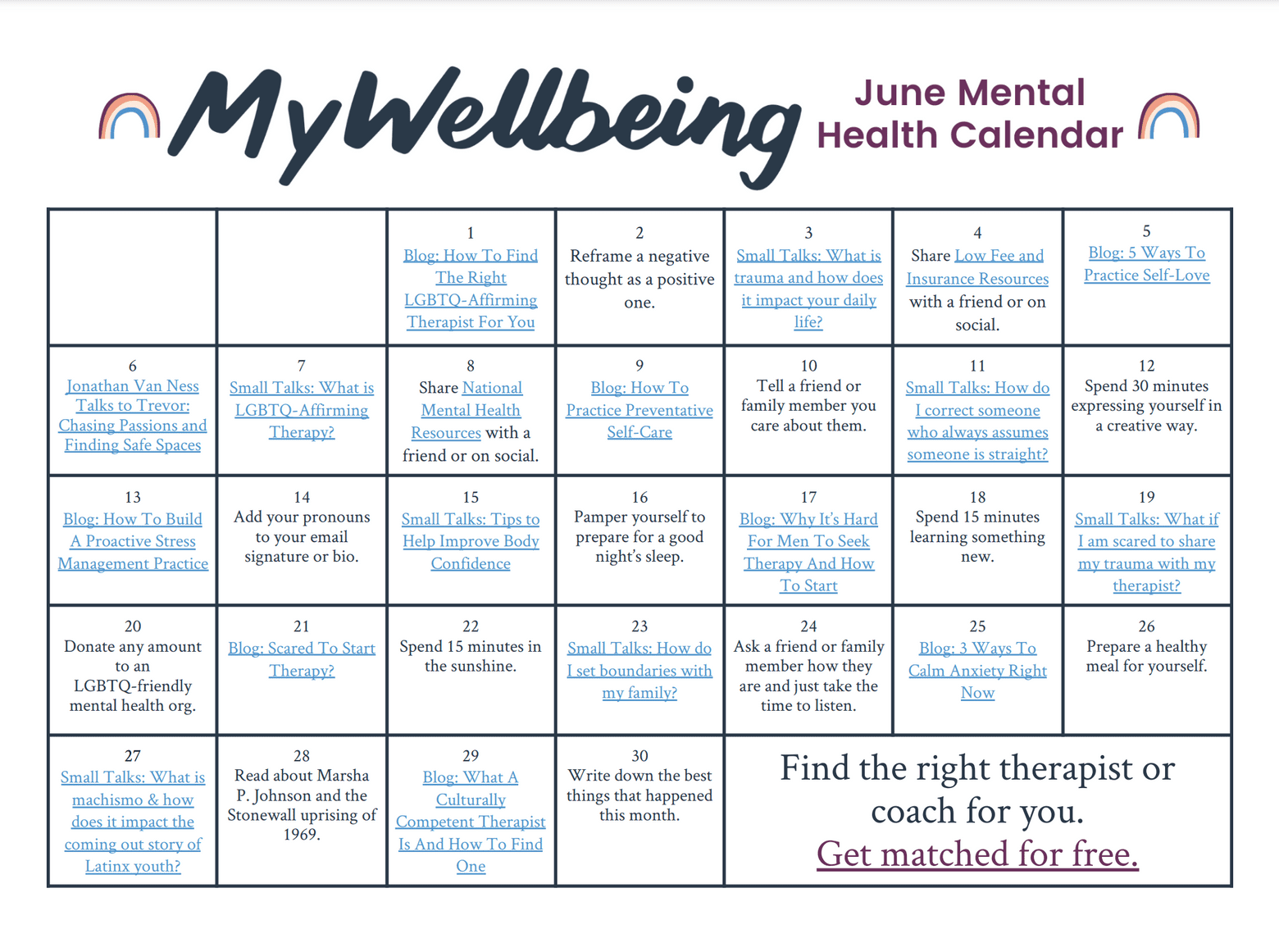 Mental Health Calendars MyWellbeing