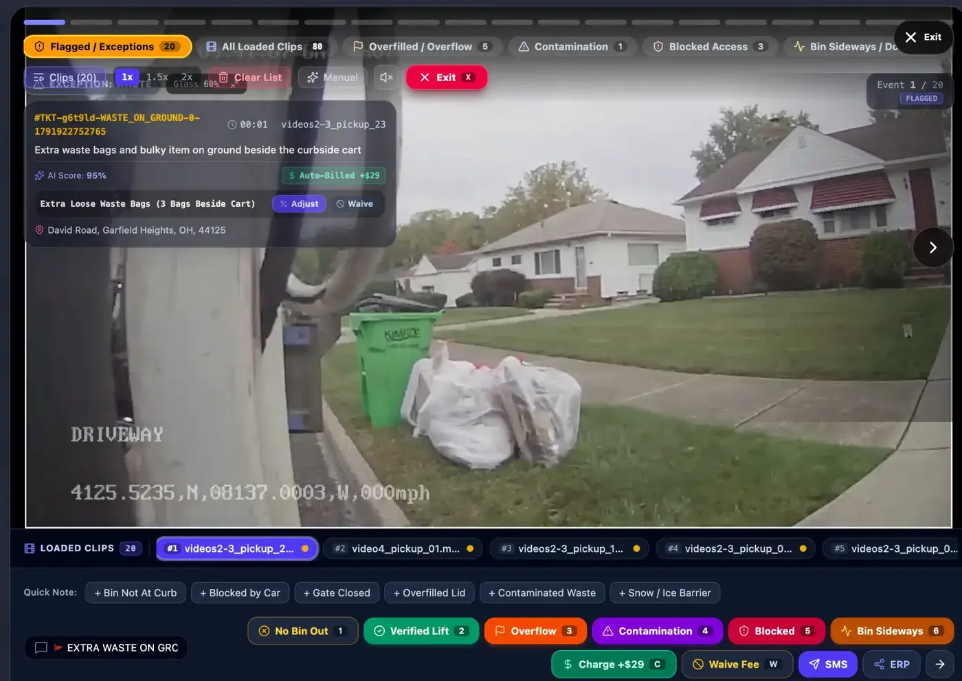 EYERIDE Snap Review showing a flagged exception: extra waste bags beside a curbside cart, with ticket, AI score, address and one-key classification buttons