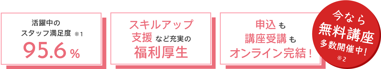 活躍中のスタッフ満足度95.6%・スキルアップ支援など充実の福利厚生・申込も講座受講もオンライン完結！・今なら無料講座多数開催中！