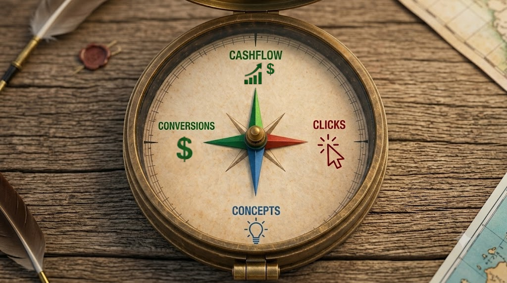 A compass representing the Click to Cashflow Compass framework